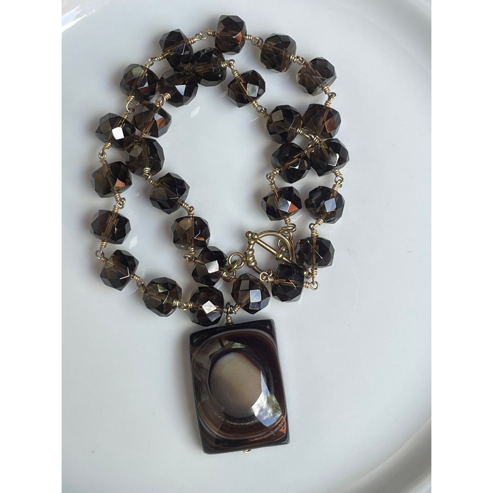 Agate Pendant Necklace Women Brown Smoky‎ Beaded Toggle Clasp Statement